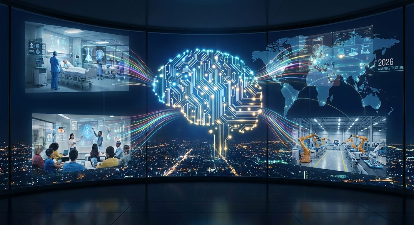 En 2026, la IA es infraestructura crítica revolucionando sanidad, educación e industria con agentes inteligentes y automatizaciones que impulsan la eficiencia